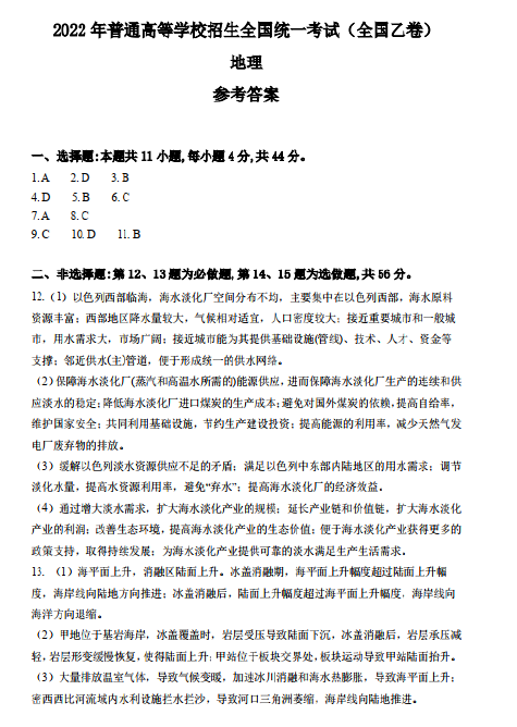 2022高考文综真题及参考答案(全国乙卷)