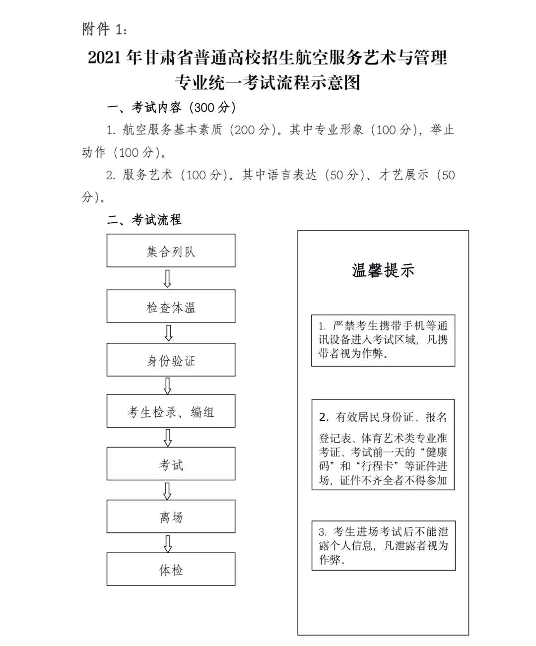 甘肃2021年普通高校招生航空服务艺术与管理专业统一考试考生指南